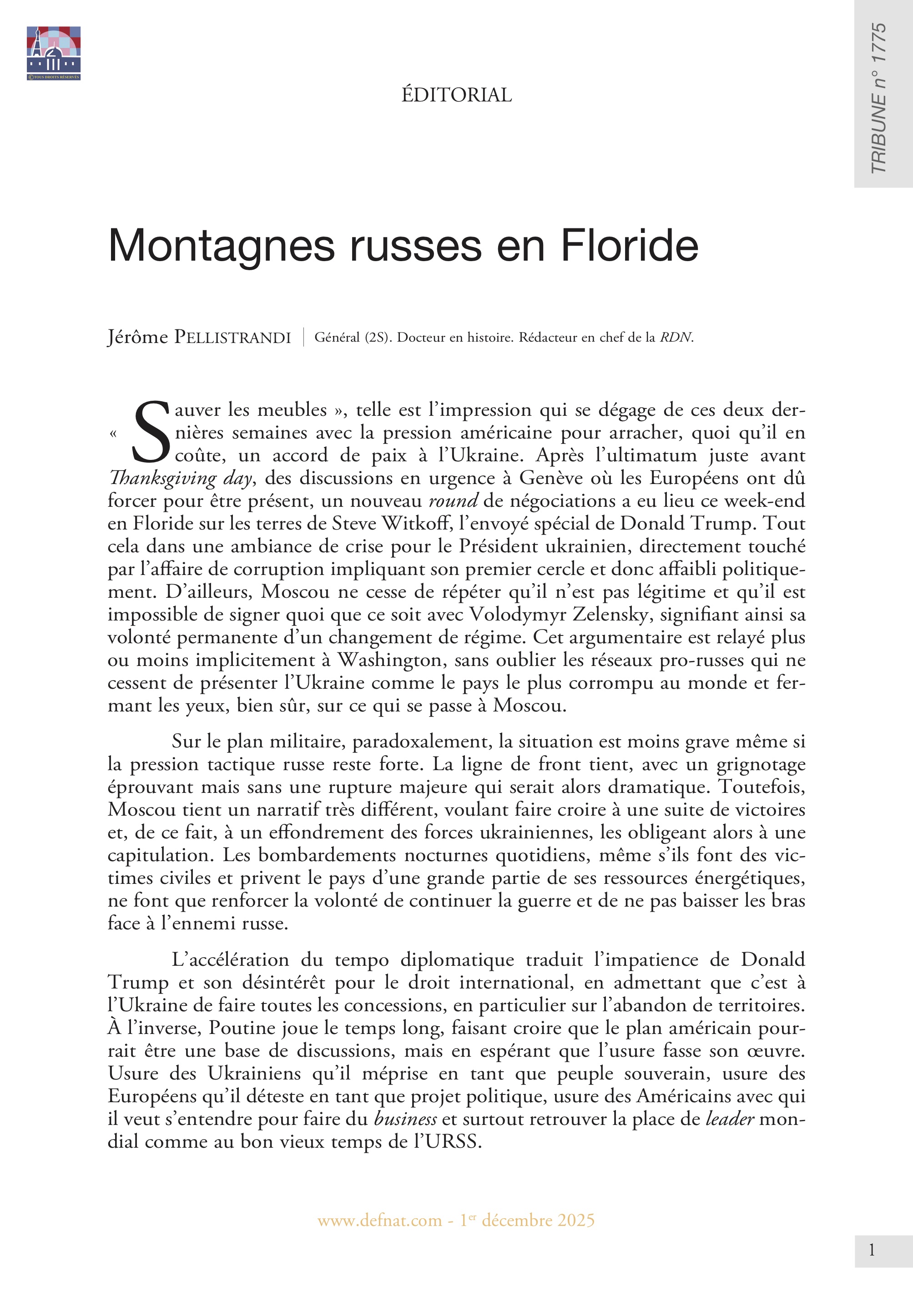 &Eacute;ditorial &ndash;&nbsp;Montagnes russes en&nbsp;Floride (T&nbsp;1775)
